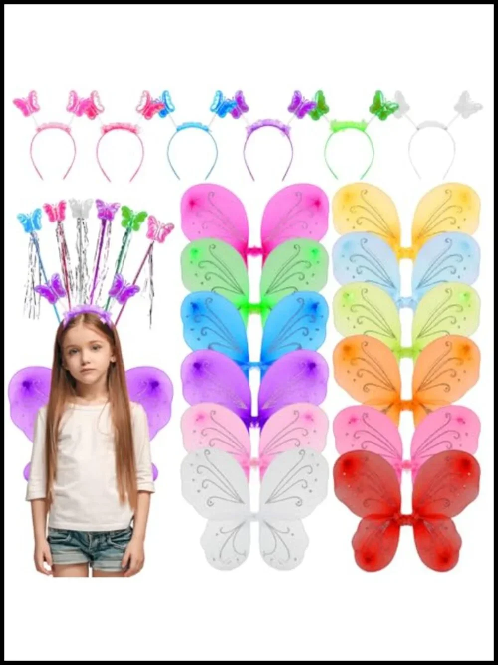Fairy Wings Set with Wand and Headband, 12 Pack, Glitter Nylon Costume